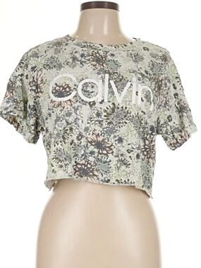 Calvin Klein Cropped Floral Logo Tee in White and Green